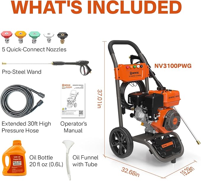 NOVUS Gas Pressure Washer, 3100 PSI 2.5 GPM Power Washer, 30FT Hose, 5 Nozzles, Onboard Soap Tank, Steel Spray Wand, Portable Gas Powered Pressure Washer for Vehicles Driveways Patios Fences Furniture