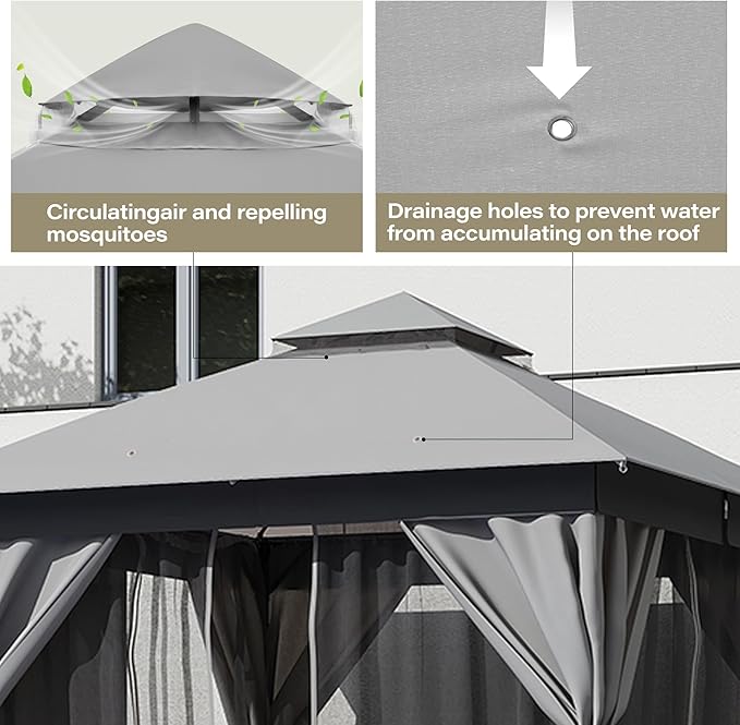 LAUSAINT HOME Outdoor Patio Gazebo 10'x10' with Expansion Bolts, Heavy Duty Party Tent & Shelter with Double Roofs, Mosquito Nettings and Privacy Screens for Backyard (Grey)