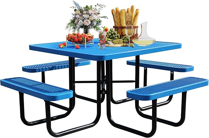 Sunnibety 8-Person Picnic Tables for Outdoors, Industrial 46" Expanded Metal Square Picnic Table with 4 Benches & Umbrella Hole, Outside Table and Bench Set for Garden, Backyard, Porch, Patio, Blue