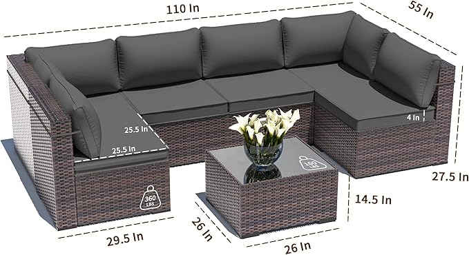 Outdoor Patio Furniture Set, 7 Pieces Outdoor Sectional Furniture Patio Sofa, All-Weather PE Rattan Patio Conversation Set with Tempered Glass Top Table & Cushions(Grey).