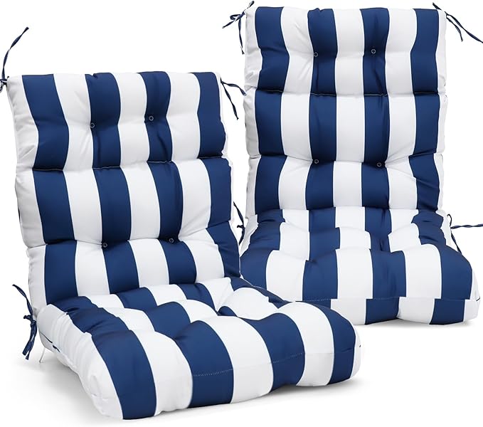 EAGLE PEAK Tufted Outdoor/Indoor High Back Patio Chair Cushions, Set of 2, 46'' x 22'', Navy Blue/White