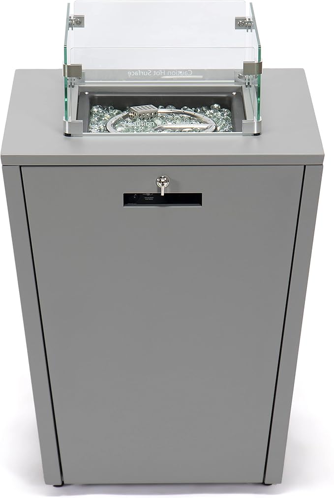 LeisureMod Chelsea 32" Modern Gas Fire Pit Table – 37,000 BTU CSA Certified Propane Steel Outdoor Table with Tempered Glass Wind Guard and Lid for Patio (Grey)