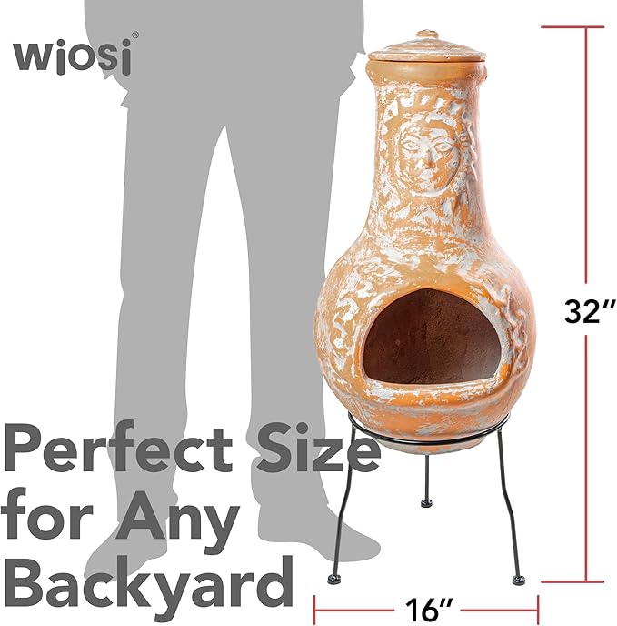 Wiosi Medium 𝗖𝗵𝗶𝗺𝗶𝗻𝗲𝗮 Outdoor Fireplace Clay Chimineas with Chimney Rain Lids and Solid Metal Stands - Yellow Terracotta Chimenea - Rustic Fire Pit Chimnea 16 x 16 x 32-inch