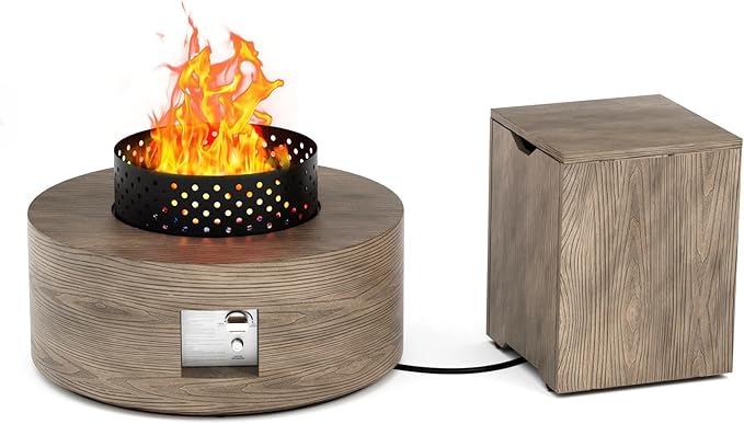 Wood Grain 30'' Patio Fire Pit Table Round, Propane Gas Fire Table 50,000 BTU, Outdoor Firepit & Fireplace for Patio, Brown
