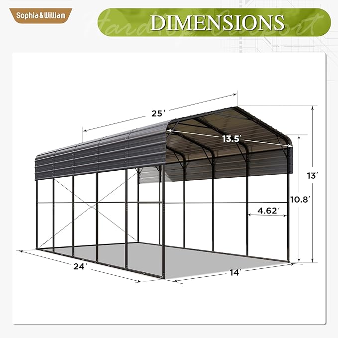 Sophia & William 14x25x13FT Heavy-Duty RV Carport Extra-Tall Shelter for Class A/B/C RVs, Trailers & More (Galvanized Steel Roof), Dark Grey