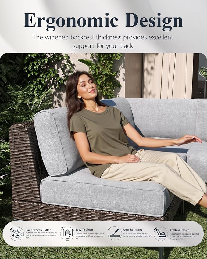 LayinSun 9-Piece Outdoor Modular Wicker Sectional Sofa with Fire Pit Table, Patio Furniture Conversation Set with Deep Seating and Thick Cushions