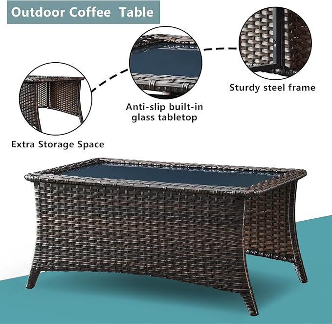 Rilyson Wicker Outdoor Patio Furniture Set - 8 Piece Patio Conversation Sets with Swivel Rocker Chairs, Ottomans, Sofa and Coffee Table, 6 inch Cushions, Deep Seating, for Porch Deck Brown/Grey