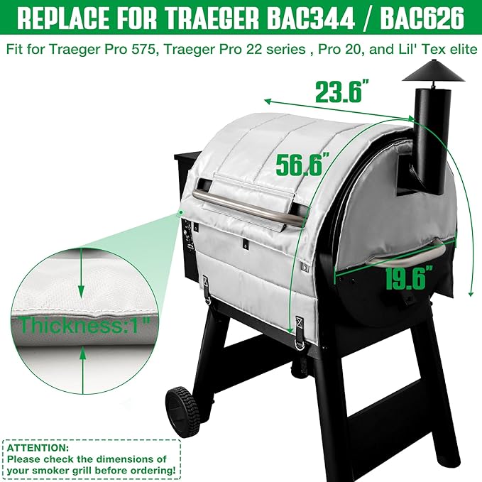 Grill Insulated Blanket for Traeger Pro 22 575 Smoker Cover Ironwood 650 Lil' Tex Elite Thermal Insulation BAC626 Replacement Parts Insulator Wood Pellet Grills BBQ Winter Accessory