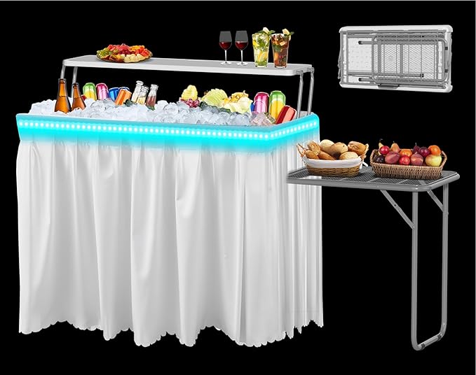 Two Tier Ice Cooler Table with Led Light, 4 Foot Outdoor Ice Table with Foldable Extension Stand, Matching Skirt & Drain Hose, Folding Cooler Server with Metal Shelf for Party, BBQ, Camping