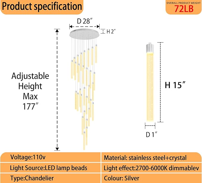 177'' Long Crystal Column Chandelier Silver 30-Light Extra Large Staircase Chandelier High Ceiling Dimmable LED Ceiling Lighting Foyer Entryway Light Source is Replaceable