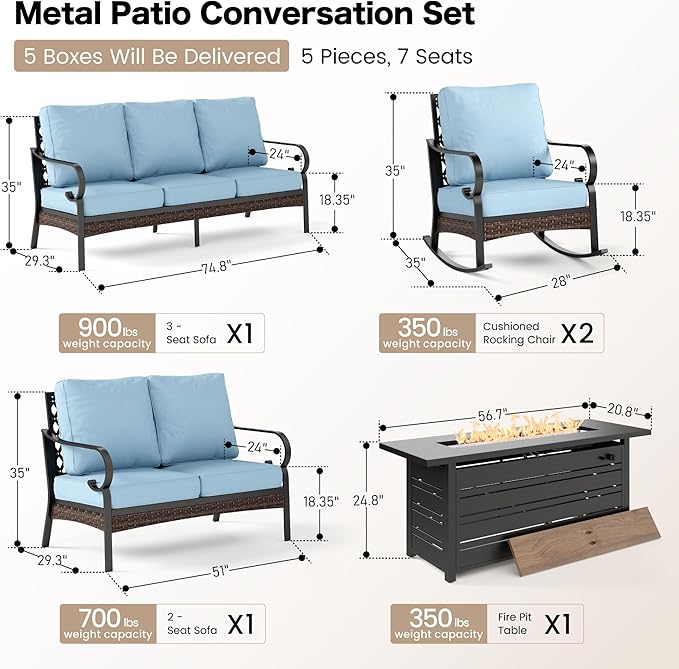 SUNSHINE VALLEY 5 Piece Metal Outdoor Patio Furniture Set with Firepit Table, Patio Conversation Set 1 3-Seater Sofa, 2-Seater Loveseat, 2 Rocking Chairs with 5.75" Cushion for Backyard Deck, Blue