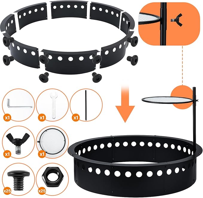48 Inch Smokeless Fire Pit Ring with Grill Fire Ring for Outside Heavy Duty Metal Firepit Insert Round Steel Large Above/In-Ground Camping Firepit for Outdoor Camping Patio Picnic BBQ Garden