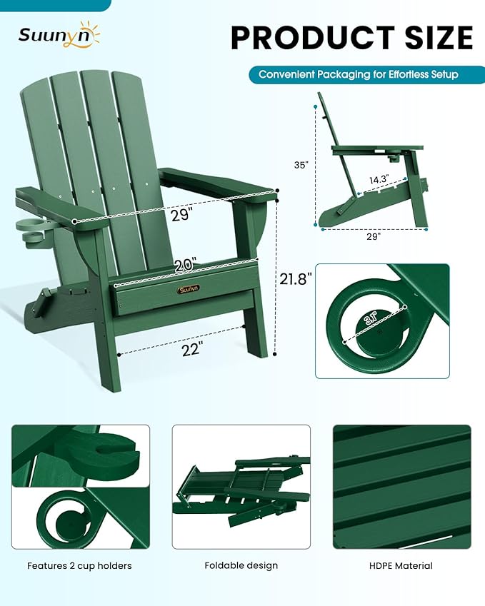 Folding Adirondack Chair 4 Pack, HDPE All-Weather Fire Pit Chairs, Plastic Adirondack Chairs with 2 Cup Holder, Outdoor Lawn Chair for Patio Garden (Green)
