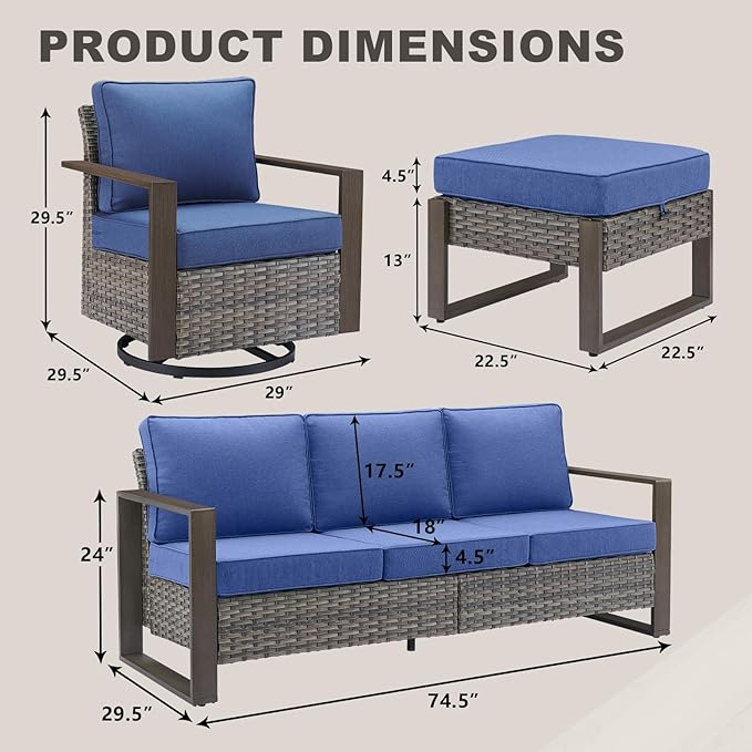 Rilyson Outdoor Wicker Patio Furniture Set - 5 Piece Patio Conversation Set with 2 Wicker Swivel Rocker Chairs,2 Rattan Ottoman and 1 Couch,Thick Cushions,Deep Seating,Wide Armrest(Mixed Grey/Blue)