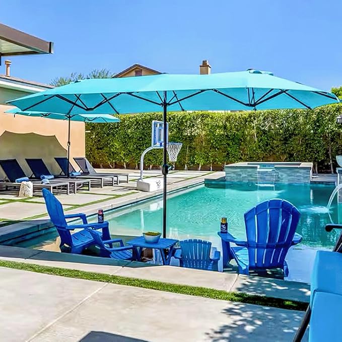 PURPLE LEAF 13ft Patio Market Umbrella with Base Double-Sided Rectangle Outdoor Table Sun Umbrellas with Crank 12 Heavy Duty Sturdy Ribs for Pool Beach Deck Backyard Turquoise Blue