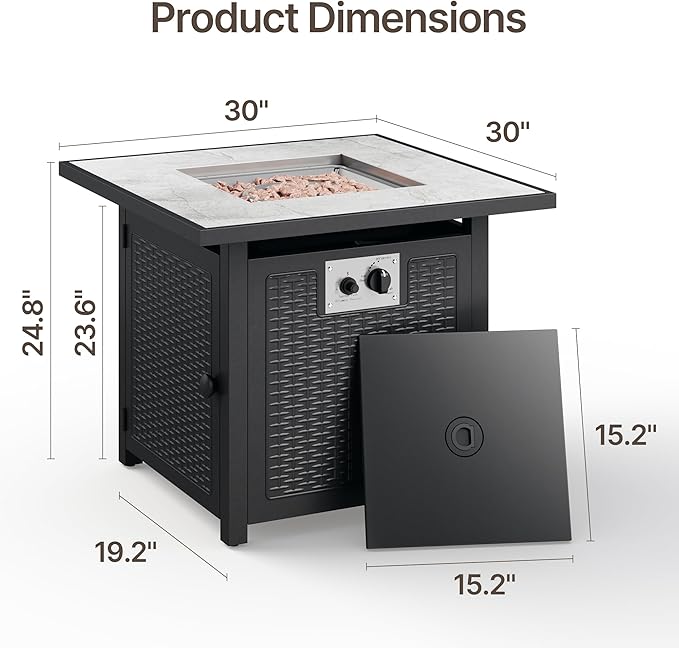 Gizoon 30" Propane Fire Pit Table 50,000 BTU, Outdoor Fire Pit Table with Lid & Lava Rock, CSA Certified Square Fire Tables for Outdoor Dining, Patio, Garden, or Backyard Gatherings