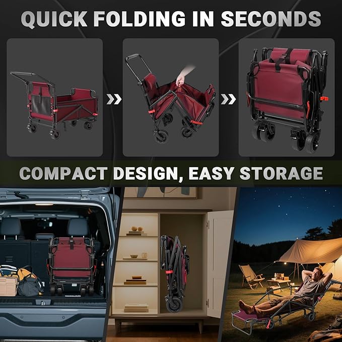LEVELEVE Heavy Duty Folding Wagon - 2-in-1 Collapsible Cart, 400lb Capacity, All-Terrain Wheels w/Brakes & Side Pockets (Red)