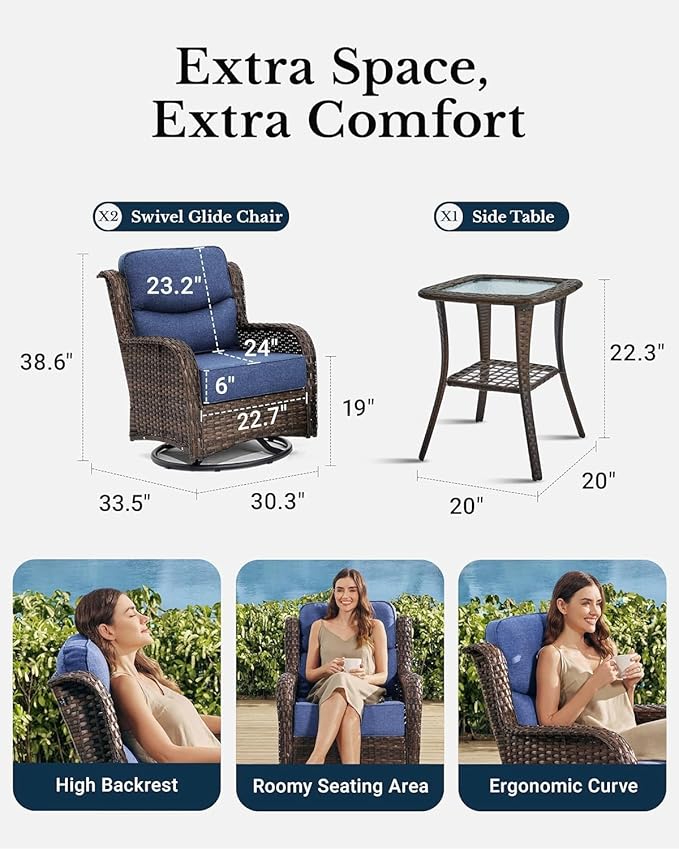 HILLGA Luxury Outdoor Swivel Rocker Patio Chairs of 2 with 6 Inch Thick Cushions and Side Table, Swivel Outdoor Chairs 3PCS High Back Wicker Patio Furniture Set for Porch, Balcony, Deck in Blue