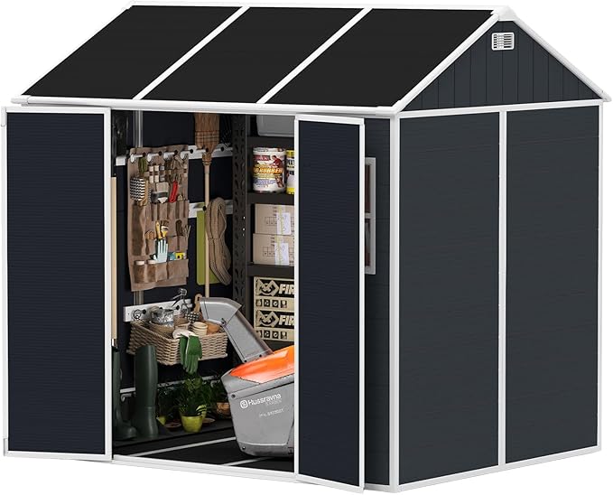 Outdoor Storage Shed 7.5x7 FT, Resin Shed with Floor & Window, Lockable Door, Vents, Outside Sheds & Garden Shed for Patio Furniture, Gardening Tools, Pool Equipment (Dark Gray, 7.5x7ft)