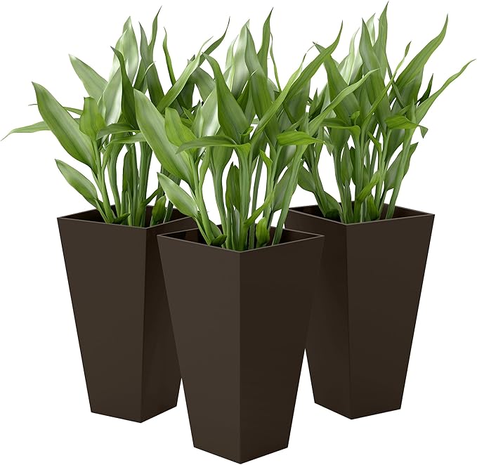 Outsunny Tall Planters for Outdoor Plants Set of 3, 28 in Taper Planters with Drainage Holes, Indoor Grande Plant Pots, Front Porch Decor, Brown