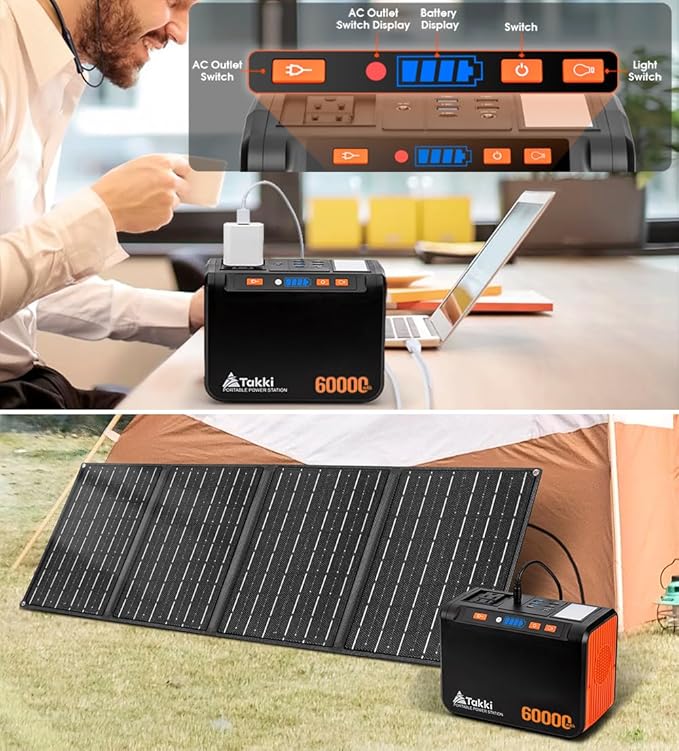 Takki Solar Generator 250W Portable Power Station with 40W Solar Panels 222Wh Pure Sine Wave Camping Lithium Battery Power Bank with AC 110V Outlet for Camping CPAP Home Use Emergency Outdoor