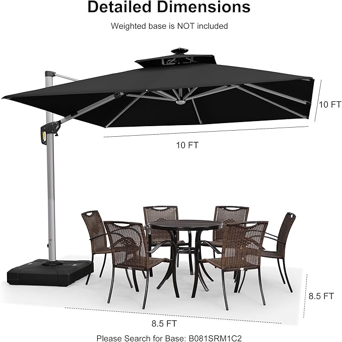 PURPLE LEAF 10 Feet Double Top Deluxe Solar Powered LED Square Patio Umbrella Offset Hanging Umbrella Outdoor Market Umbrella Garden Umbrella, Black