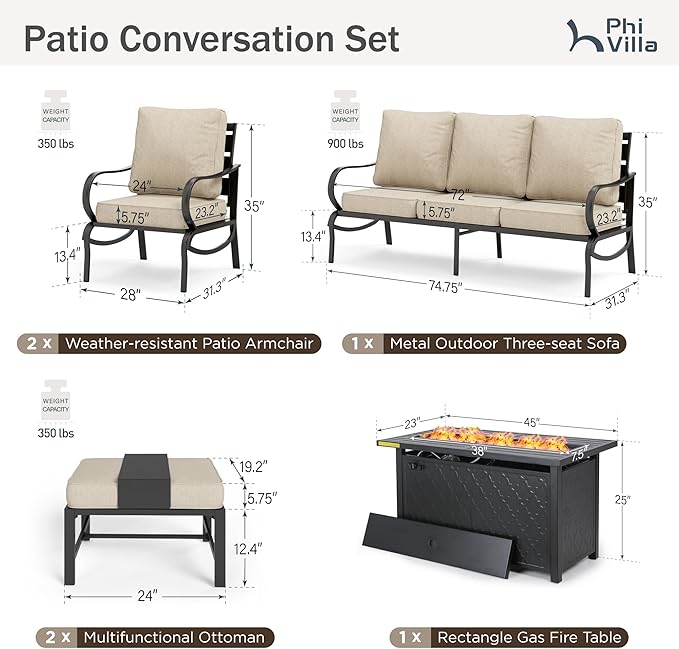PHI VILLA 8 PCS Patio Furniture Set with 1 x 45 FirePit Table, 1 x 72 Sofa Bench, 4 x Armrest Sofa Chairs and 2 x Metal Cushioned Ottoman