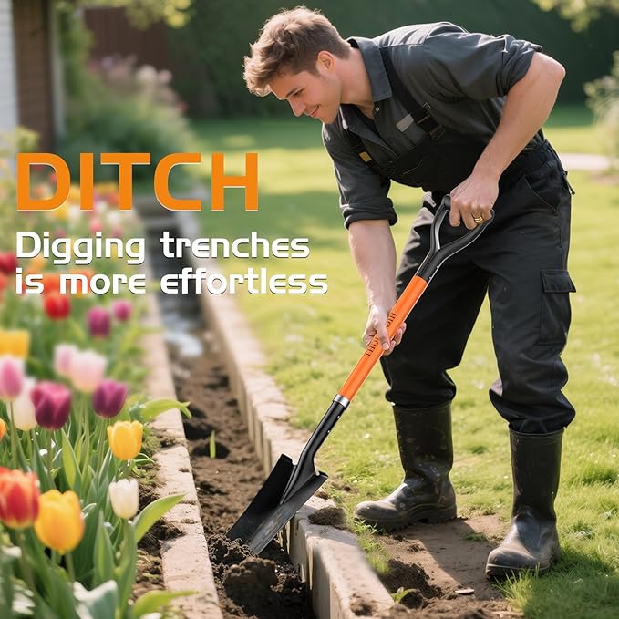 HIGHLIGHT Spade Shovel, Transplanting Spade, Drain Spade, Spade Shovels for Digging, Sharp Shooter Shovel or Spade, 45Inch, Stell D-Grip,Fiberglass Handle, Orange