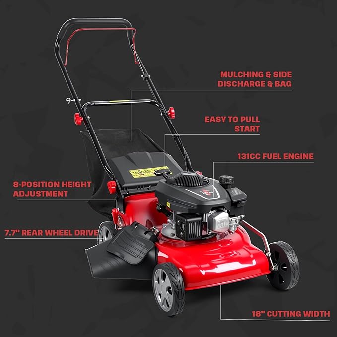 3-in-1 Self-Propelled Lawn Mower, 131cc Gas Engine, Push Mower with 50L Grass Catcher, Adjustable Cutting Height (25-75mm), Rear-Wheel Drive Lawn Mower for Easy Maneuvering (Red)