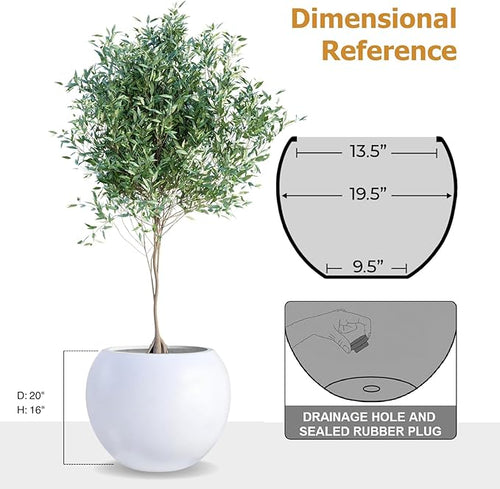 16" H x 20" D Globo Fiberstone Round Planter - Christmas Tree Planter, Smooth Finishes, Weather Resistant for Indoor & Outdoor Use, Included 2 Extra Coco Mats (White, 13.5" Pot Opening)