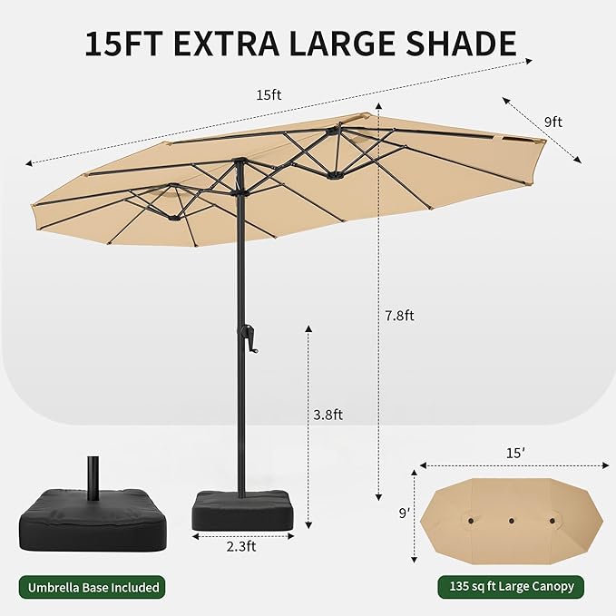 OLILAWN Patio Table Umbrella, 15ft Large Deck Umbrella with Base Included, Outdoor Double-Sided Rectangle Market Umbrella with Aluminium Crank, 12 Sturdy Ribs, for Deck Porch Garden, Beige