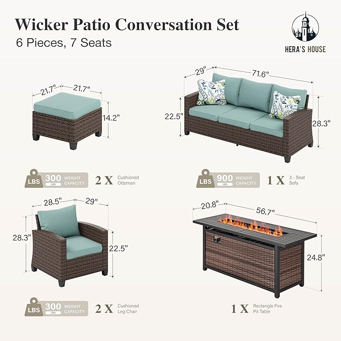 HERA'S HOUSE Patio Furniture Set with Fire Pit, 6 Pieces Outdoor Wicker Furniture, All Weather Patio Conversation Sets with Thick Cushions for Lawn Backyard, Brown/Blue