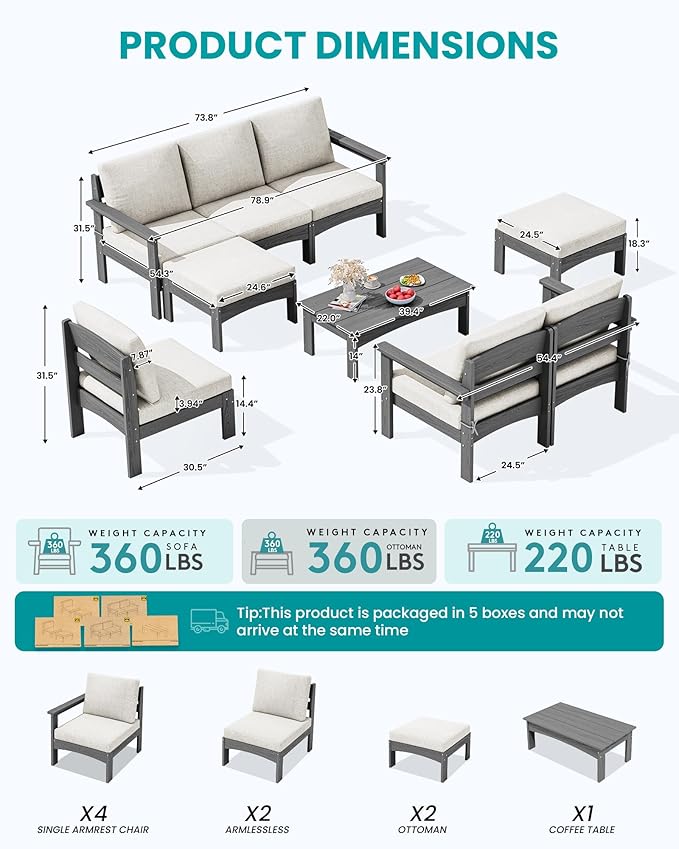 SERWALL 9 Pieces Patio Sofas with 15FT Double Side Patio Umbrella, All-Weather HDPE Outdoor Sectional Sofa, Large Modular Conversation Set for Patio, Garden, Deck, Grey Frame with Khaki Cushion