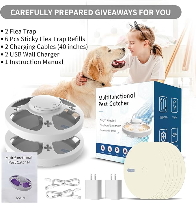 2 Packs Flea Traps for Inside Your Home with 6 Sticky Pads, Fleas Light Traps Kills Fleas in House, Hanging Flea Lamp with USB Cable Pest Control for Bugs Moths Gnats Indoor and Outdoor