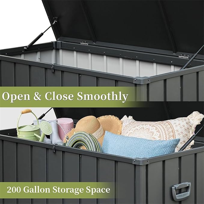 CHUNLY 200 Gallon Deck Box with Lockable Lid, Outdoor Patio Storage Box w/Mobility Rollers, All-weather Storage Bench Bin for Outside Cushions, Pool Supplies and Garden Tools (Dark Gray)