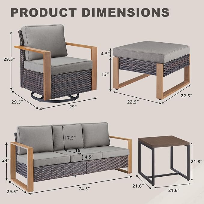 Rilyson Outdoor Wicker Patio Furniture Set - 8 Piece Patio Conversation Set with 4 Wicker Swivel Rocker Chairs,2 Rattan Ottoman 1 Side Table and 1 Couch,Thick Cushions,Deep Seating(Brown/Grey)