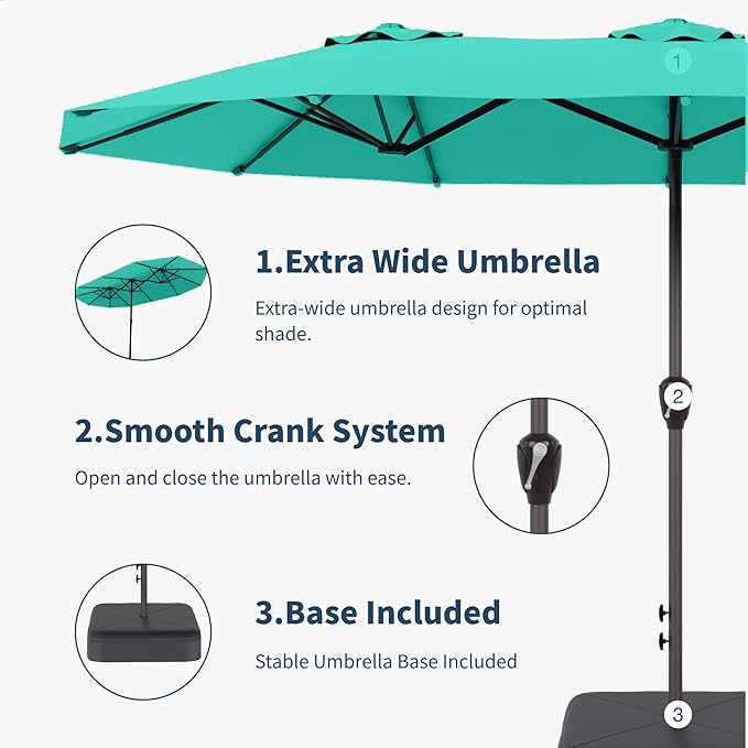 15FT Double Sided Patio Umbrella with Base Included Large Outdoor Market Umbrella with Crank Handle, UV Resistant Canopy, Sturdy Frame for Garden, Poolside, Deck, Turquoise Blue