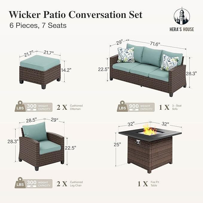 HERA'S HOUSE Wicker Patio Furniture Set with Fire Pit Table, 6 Pieces Outdoor Seating Furniture with Thick Cushions, 7 Seats Patio Conversation Sofa Sets, Blue