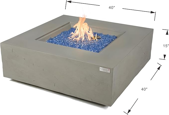 Elementi+ | Bundle Capertee Gas Fire Pit Cast Concrete 40" Square Fire Table, Outdoor Fire Pit Electronic Ignition | Canvas Cover, Fire Glass and Burner Lid Included | Light Gray | Propane Gas