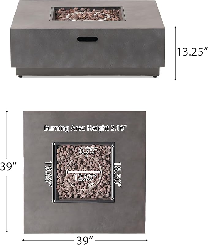 Propane Fire Pit Table, 39 Inch Firepits for Outside, Square Gas Fire Pit for Outside Patio, Propane Fire Table, 50000BTU, Stone Gray