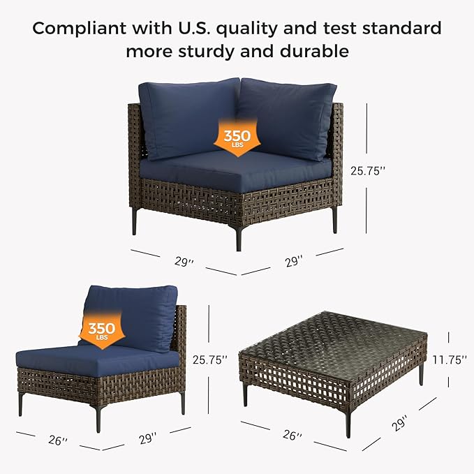 Grand patio 3-Piece Wicker Patio Furniture Set, Retro Outdoor Sectional Sofa with Water Resistant Blue Thick Cushions and Coffee Table, Brown