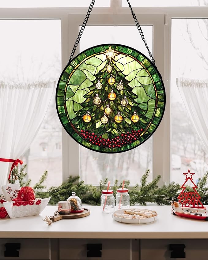DASTOLL Stained Glass Window Hanging - Green Christmas Tree Golden Bells Suncatcher for Doors Home Christmas Decoration Sun Catcher Thanksgiving New Year Birthday Gift for Women Men Mom Nana 9.8 in