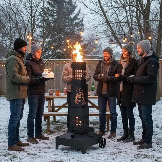 51" Smudge Pot Heater with Wheels, 7-Gallon Waste Oil Patio Heater,Heavy-Duty Steel Pyramid Design,Portable Fireplace for Backyard, Porch, Patio and Garden (Snake)