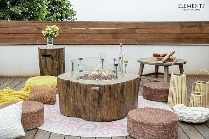 Elementi Lunar Bowl Cast Concrete Fire Table Bundle, Outdoor Fire Pit Fire TablePatio Furniture, Light Gray (Natural Gas)