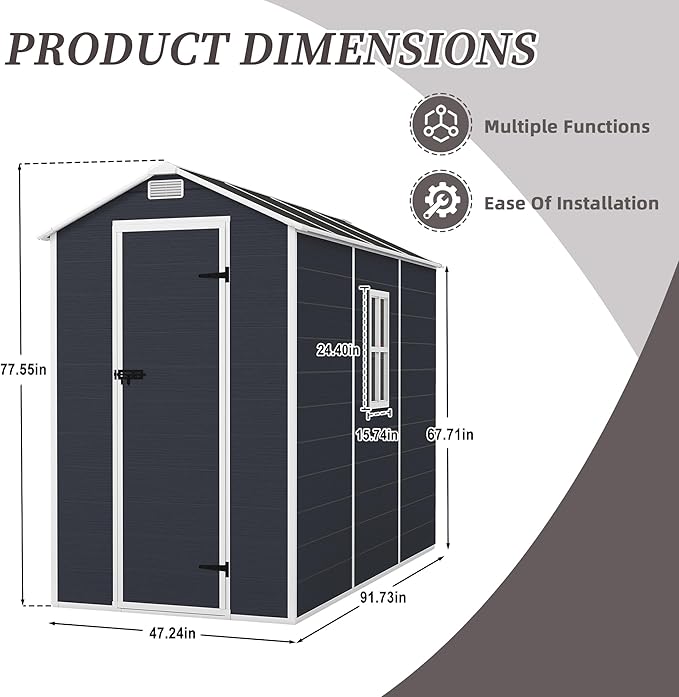 Outdoor Storage Shed 8x4 FT, Resin Shed with Floor & Window, Lockable Door, Vents, Outside Sheds & Garden Shed for Patio Furniture, Gardening Tools, Bike Accessories and Lawn Mower (Dark Gray, 4*8ft)