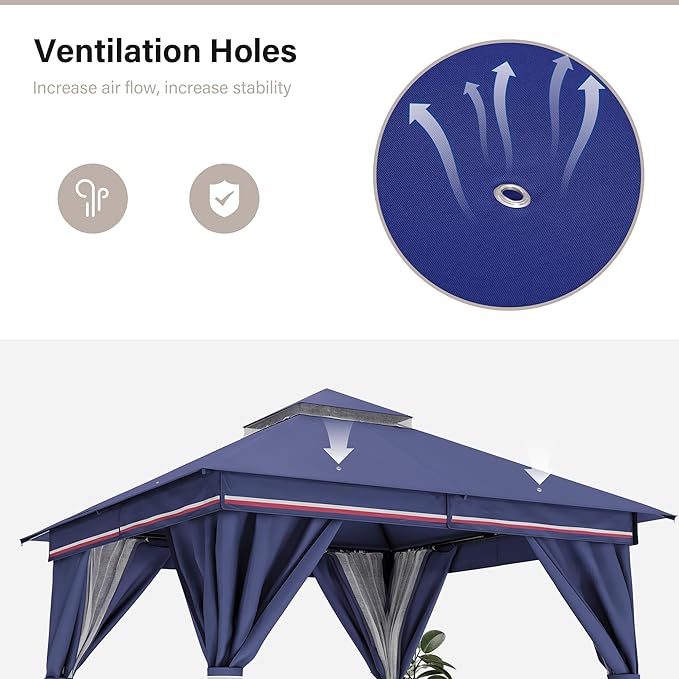 LAUSAINT HOME Gazebo 10x10ft, Heavy Duty Patio Gazebo with Expansion Bolts, Party Canopy Tent with Double Roofs, Mosquito Nettings and Privacy Screens for Backyard, Garden, Lawn, Classic Blue
