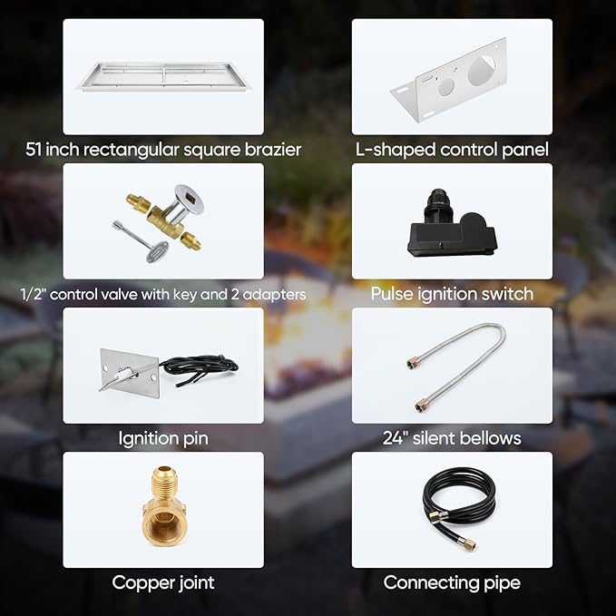 FAHKNS 48" x 14" Rectangular Fire Pit Pan Kit, for Indoor or Outdoor Large Built-in Fire Table. Stainless Steel Drop-in Fire Pit Pan with H-Shaped Burner, Spark Ignition Kit