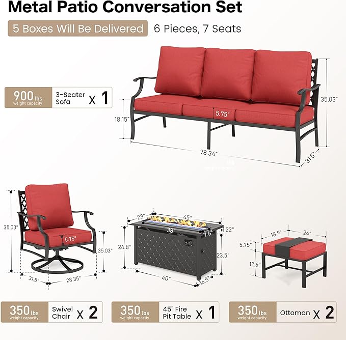 SUNSHINE VALLEY 6 Piece Metal Outdoor Patio Furniture Set with Firepit Table, Patio Conversation Set 1 3-Seater Sofa, 2 Swivel Chair, 2 Ottoman with 5.75" Thick Cushion, Black Backyard Furniture, Red