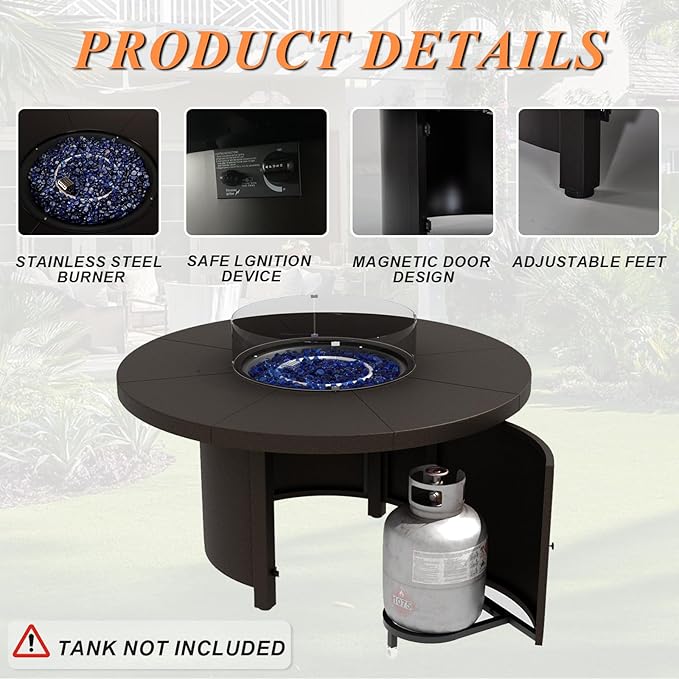 Kurapika 7 Piece Metal Outdoor Patio Furniture Set with 48" Round Fire Pit Table, Patio Conversation Sets 6 Fixed Chairs with Thick Cushion and 40000 BTU Propane Fire Pit Table, Blue
