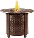 Round 34 in. x 34 in. Aluminum Propane Fire Pit Table with Glass Beads, Two Covers, Lid, 37,000 BTUs in Brown Finish